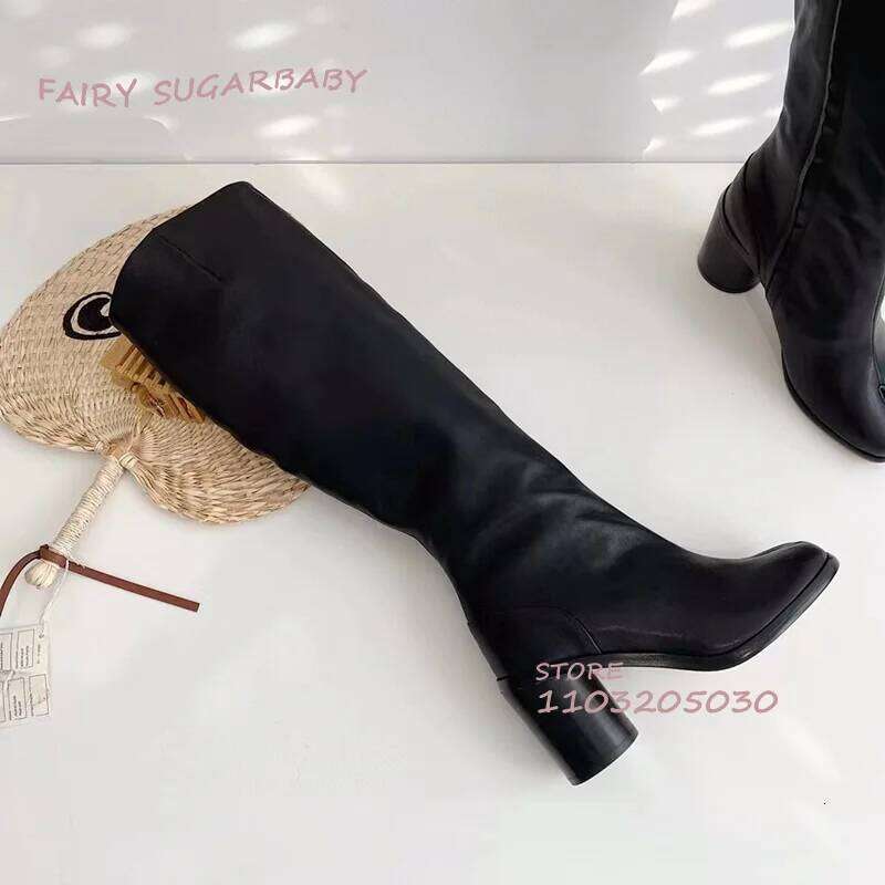 Black Loose Long Tabi Boots Women High Round Heels Zipper Leather Booties Knee Versatile Spring Girls Matte Casual Shoe British