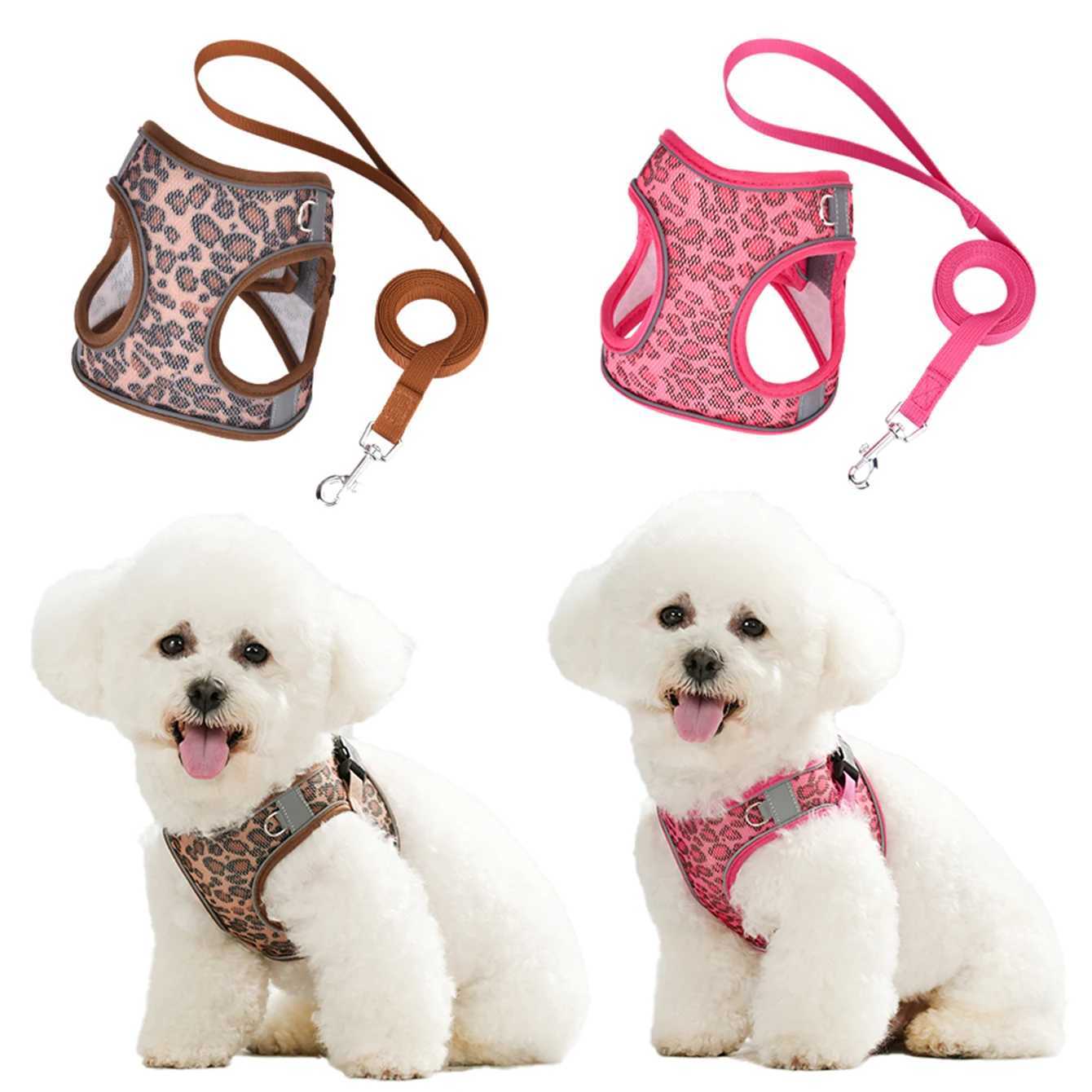 HLP428Leopard print veststyle universal harness set for cat dog with 15meter leash and highly breathable interwove mesh J251129