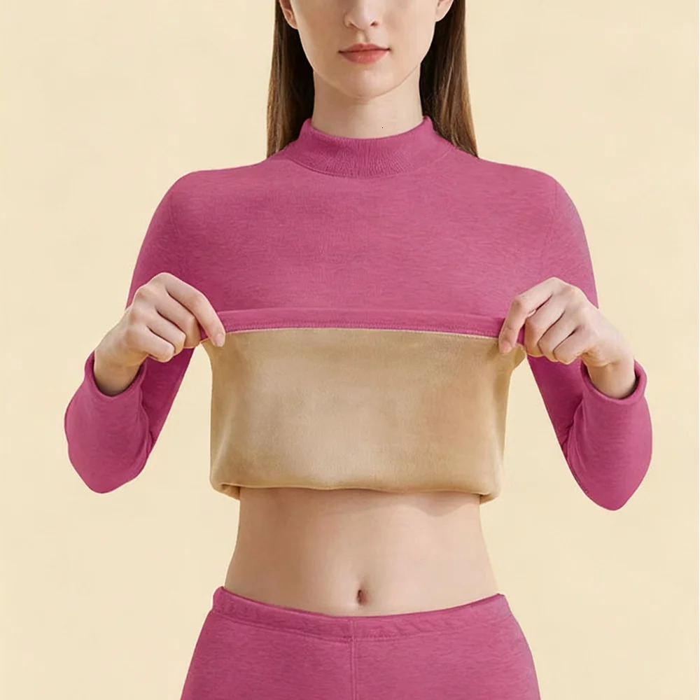 1Set Thick Thermal Underwear Women Stand Collar Seamless Warm Lingerie Winter Long Sleeve Bottoming Solid Thermal Clothing Sets 251030