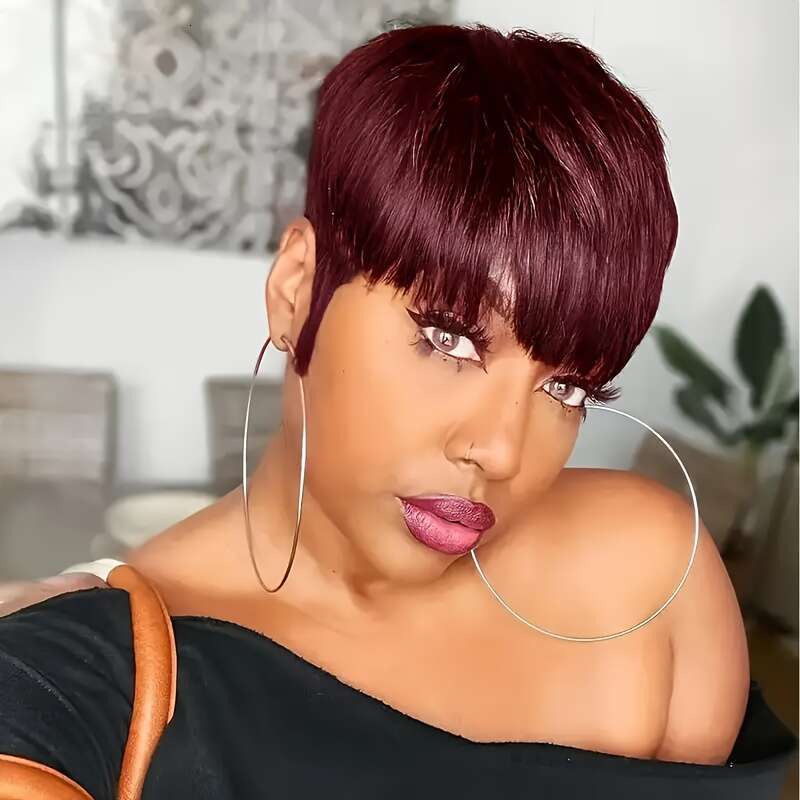 Women's Human Hair Wig - Bury Deep Red 150% Density High Volume Straight Pixie Cut With Neat Bangs Rose Net Cap Secure Fit Everyday Formal Events