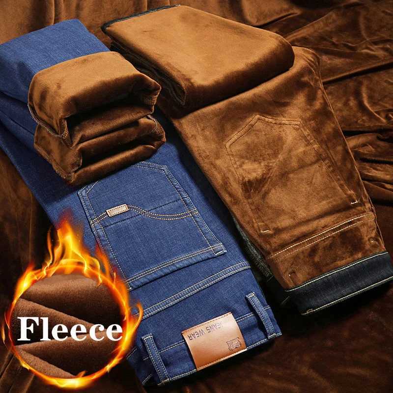 Brand Autumn Winter Warm Flocking Denim Soft Man Activities Fleece Line Men Jeans Black Blue Grey Colors J251030