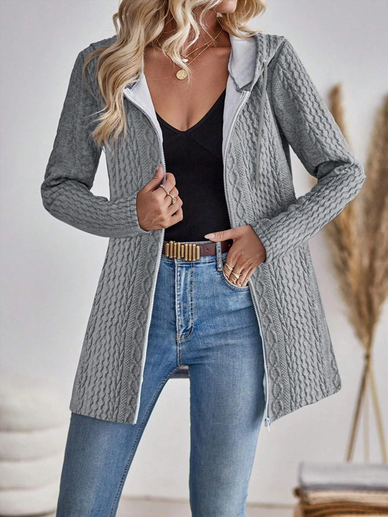 Elegant directional womens fashionable texture solid color zipper hooded sweatshirt 251030