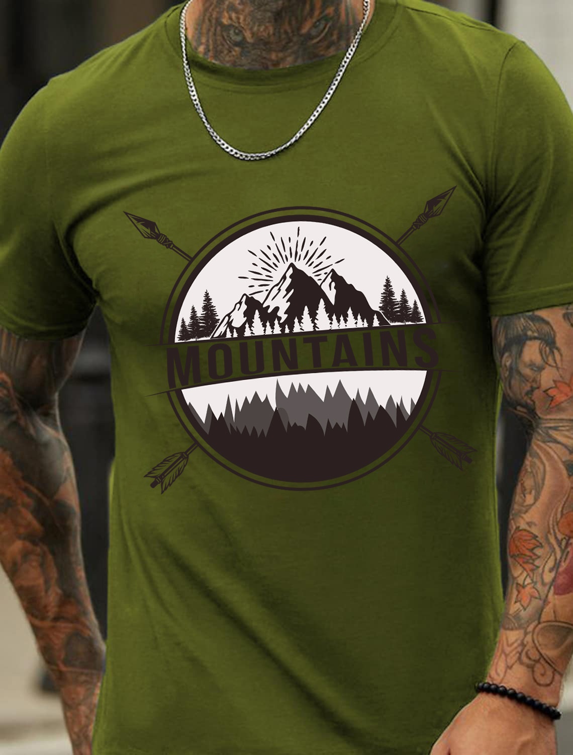 European and American Oversized MOUNTAINS Letter Print Sports T-Shirt for Men - Cotton Short Sleeve - TT7069