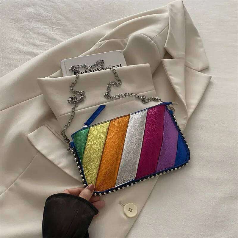 Rivet Shoulder Contrast Rainbow Splice Crossbody Designer Handbag Fashion Trend Colorful Flap Women's Twill Chain Bag