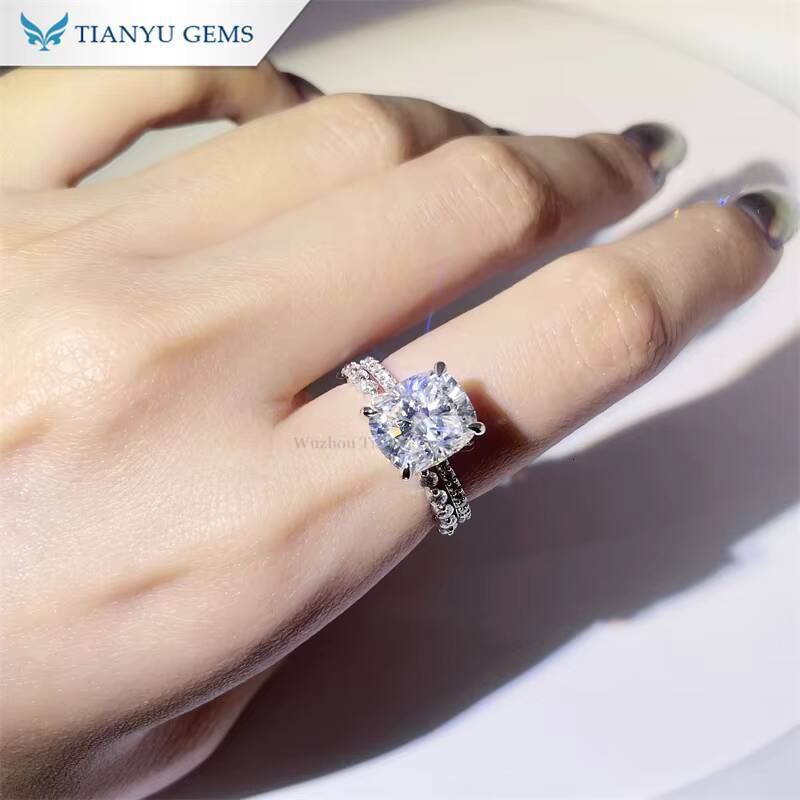 Tianyu Gems 14k Solid White Gold 8796mm Cushion Cut Moissanite Diamond DEF VVS1 Fashion Jewelry Ring Set for Girls