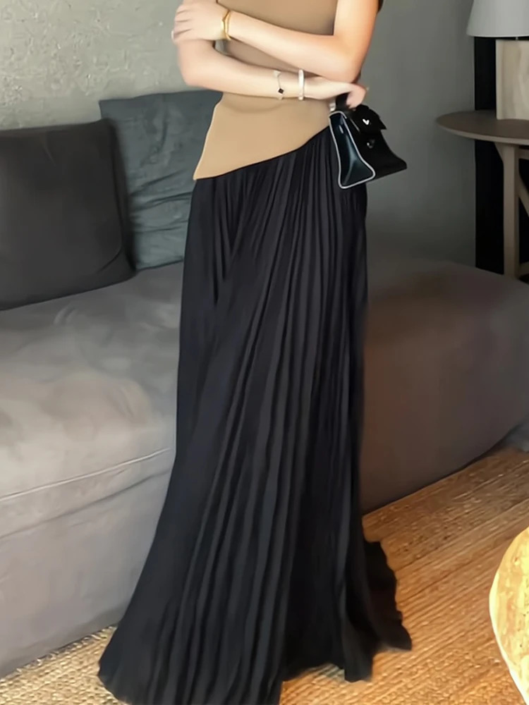 2024 Women Elegant Pleated Skirt High Waist Women Long Skirt Female Ladies High Quality Women Midi Skirt Black Saia 251028