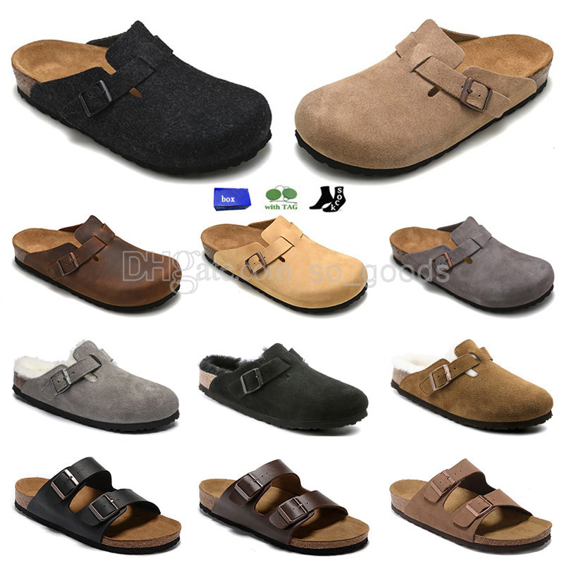 Designer Boston Clogs Cork Flat Slippers Mules Leather Boston Slide Beach Sandals Women Arizona Men Shoes Suede Khaki Fuzzy xx