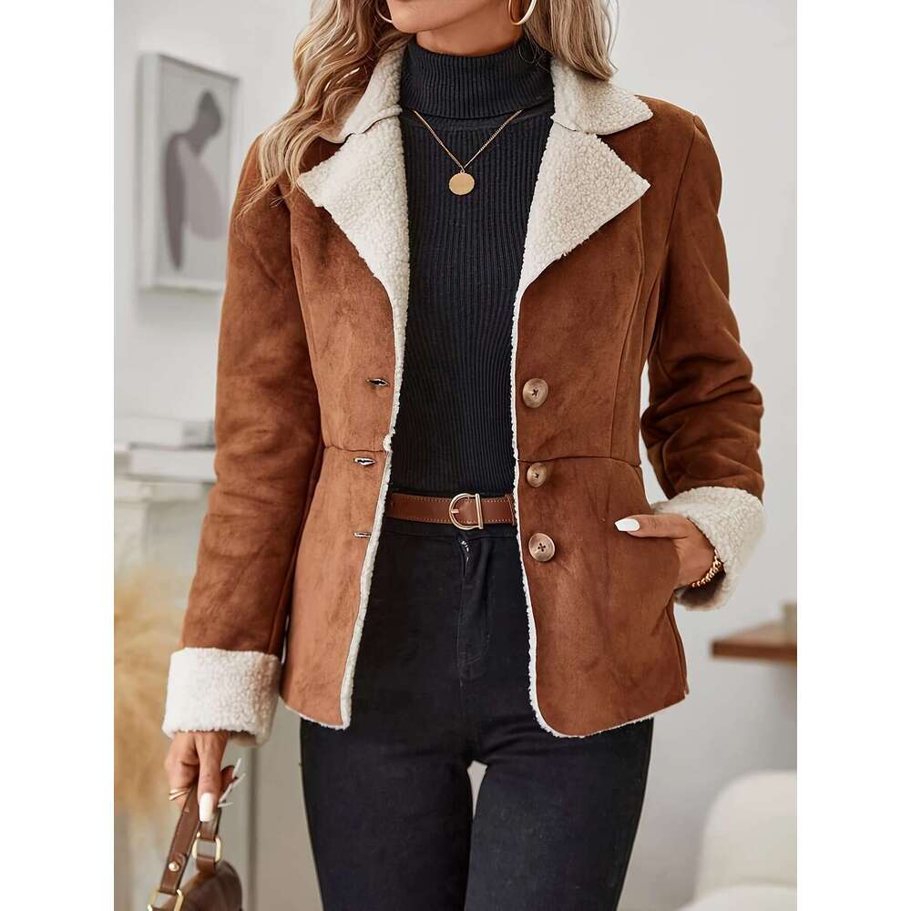 Faux Fur Button Front Thermal Jacket Casual Long Sleeve Lapel Collar Outerwear For Fall Winter Women S Clothing