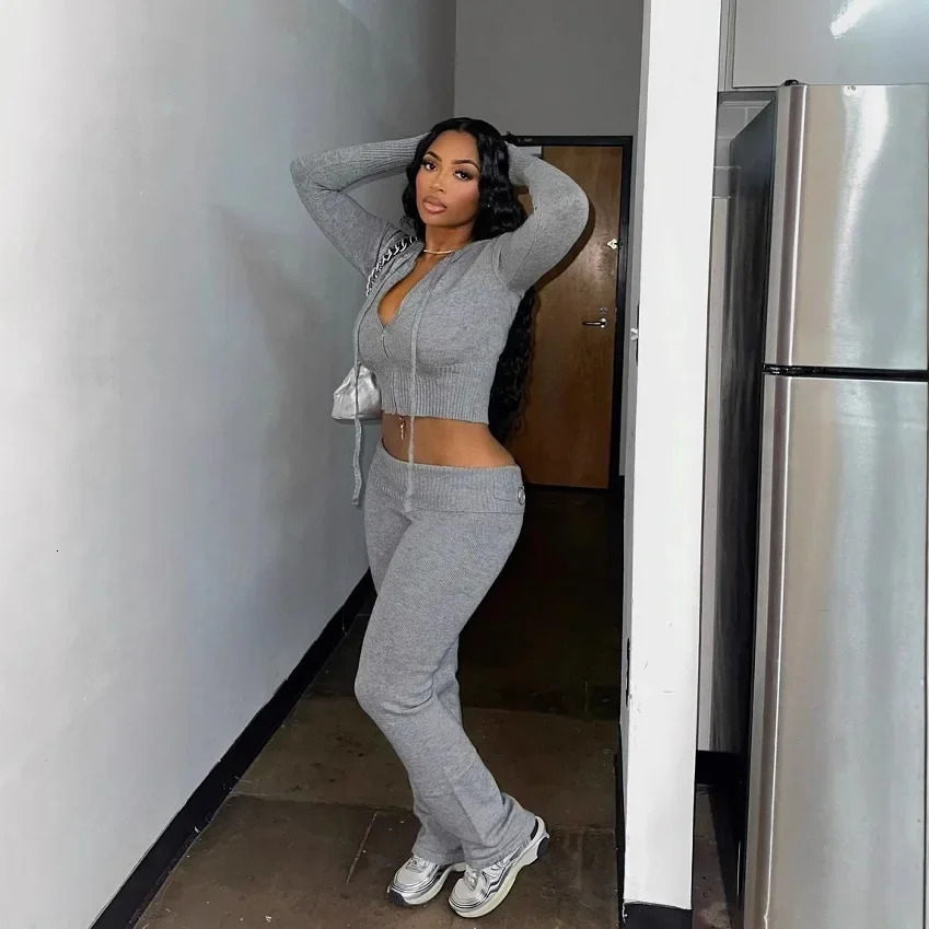 Womens Fashion Grey Solid Color Casual Trendy Sexy Sports 2 Piece Sets Long Sleeve Hooded Zipper Tops Wide Leg Pants 251029