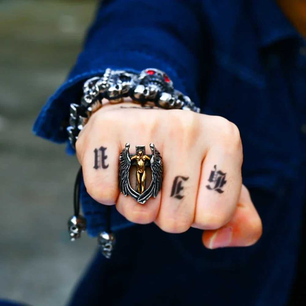 78910111213 Stainless Steel Silver Color Naked Angel Wings Cross Men Ring Punk Finger Jewelry Drop Shipping W251030