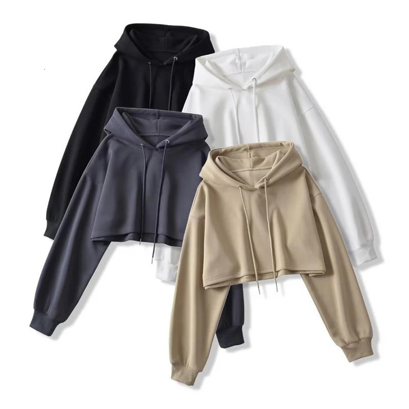 Sexy Short Hooded Sweatshirts Women Fashion Solid Color Long Sleeve Crop Tops Korean Streetwear Pullover Hoodies Female 251030