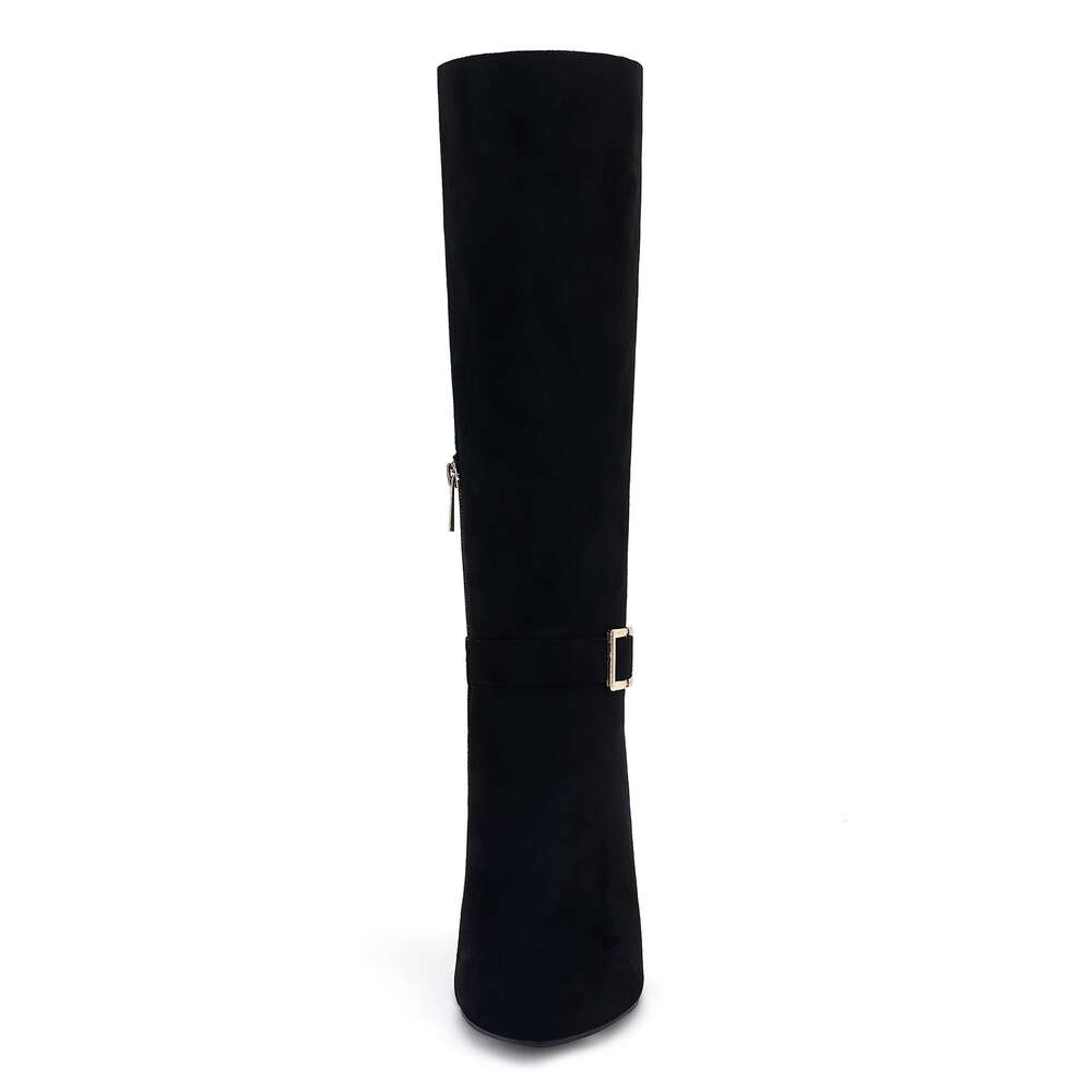 Womens Fashion Knee High Stiletto Heels Cover Pointed Toe Wide Calf Metal Buckle Side Zipper Winter Boots