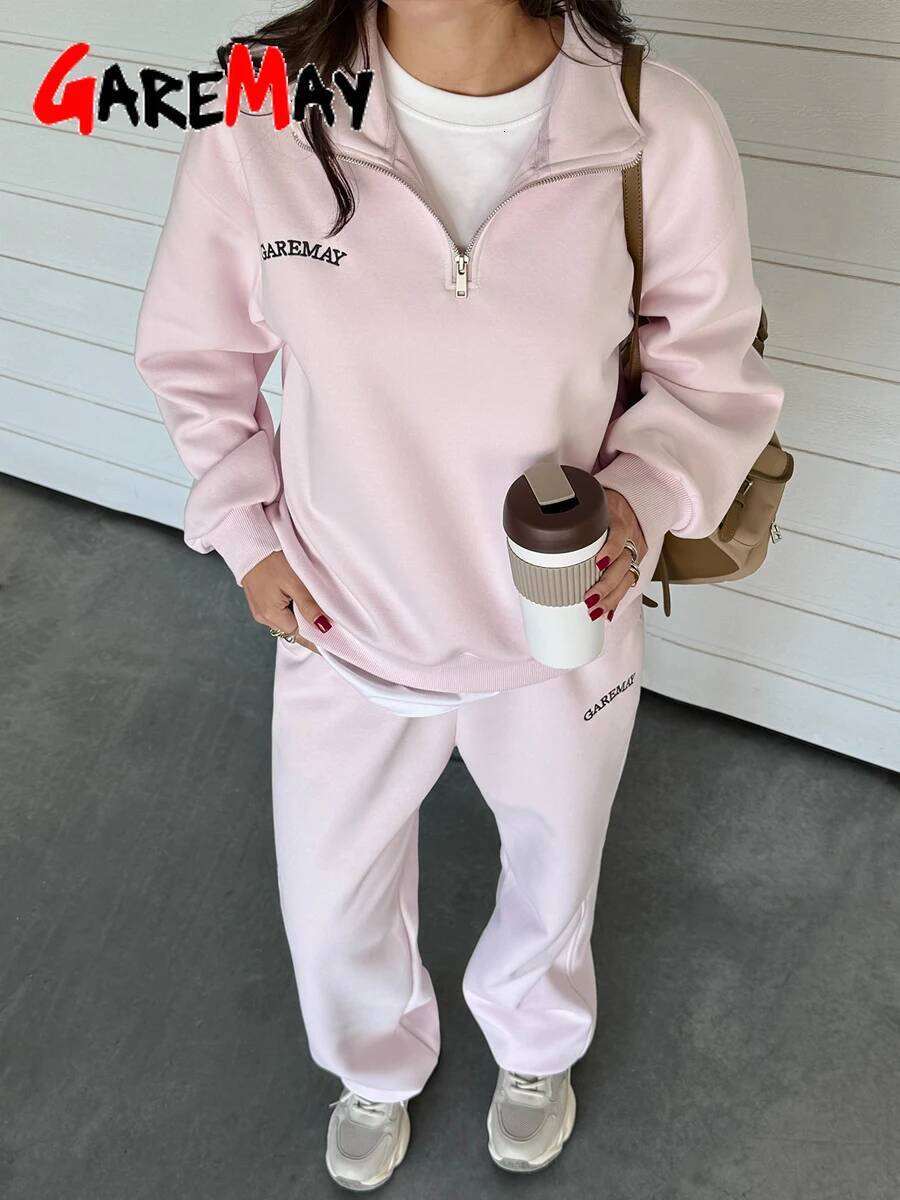 winter jacket women Spring Women's Tracksuit with Zipper Cotton Oversize Classic Pink Two Piece Set Casual Yellow Trouser Suits for Women
