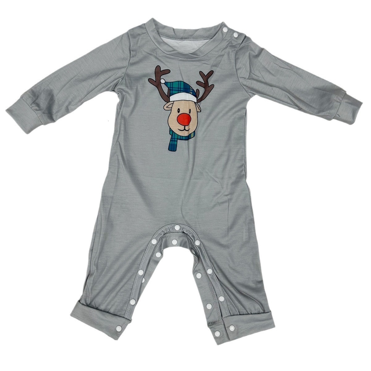 Cartoon Deer Head Blue Plaid Round Neck Long Sleeve ParentChild Family Pajamas Set 251030