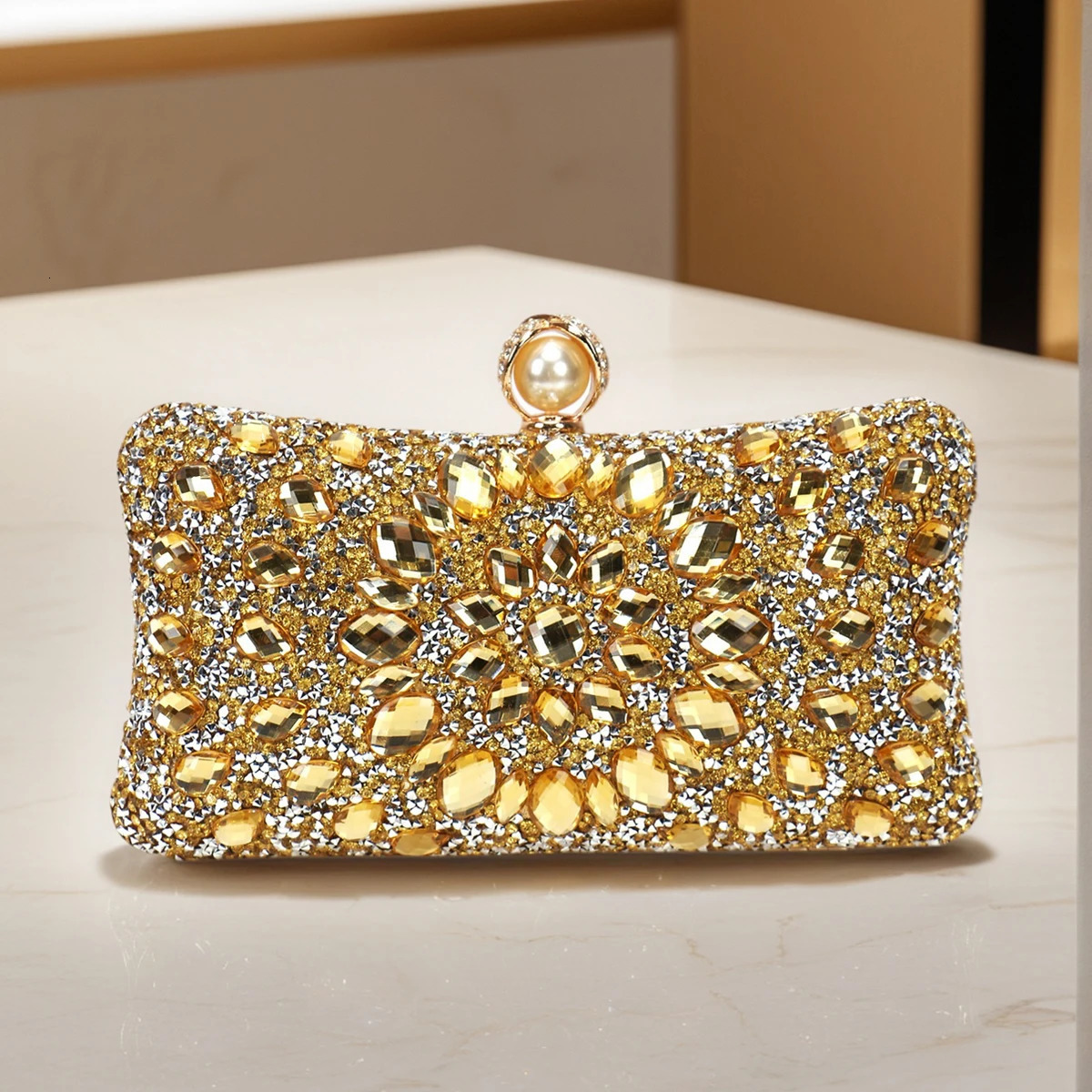 Golden Metal Pearl Rhinestones Glitter Evening Bags Small Lady Prom Dinner Night Gift Girlfriend Purse Acrylic Diamonds E 251023