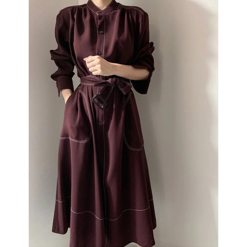 REALEFT Spring Autumn Single Breasted Womens Shirt Dresses Sashes Stand Collar Korean Casual Straight Dress Female 251027