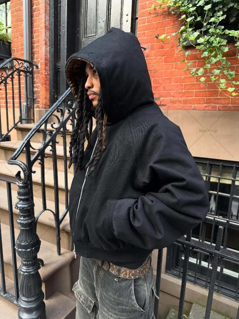 American Style Harajuku Retro Brown Plaid Reversible Fashion Zipper Hoodie Men Street Fashion Casual Loose Sweatshirt 251029