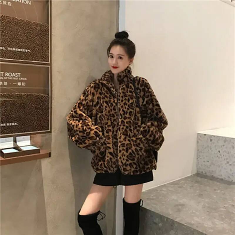 winter jacket women Leopard Print Jacket Women's Stand collar Warm Parkas Outwear New Autumn Winter Korean Female Loose Faux Fur Coats