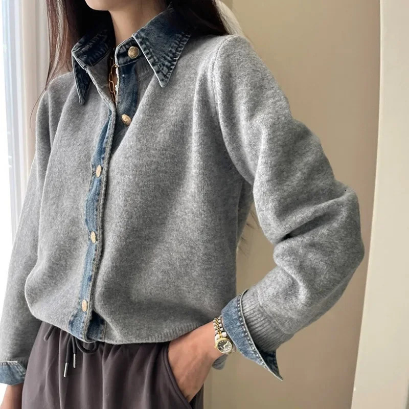 Slimming Effect Korean Style Denim Splicing Knitted Open Cardigan Womens Fashion Outerwear Ultra Thin Long Sleeve Urban Style 251029