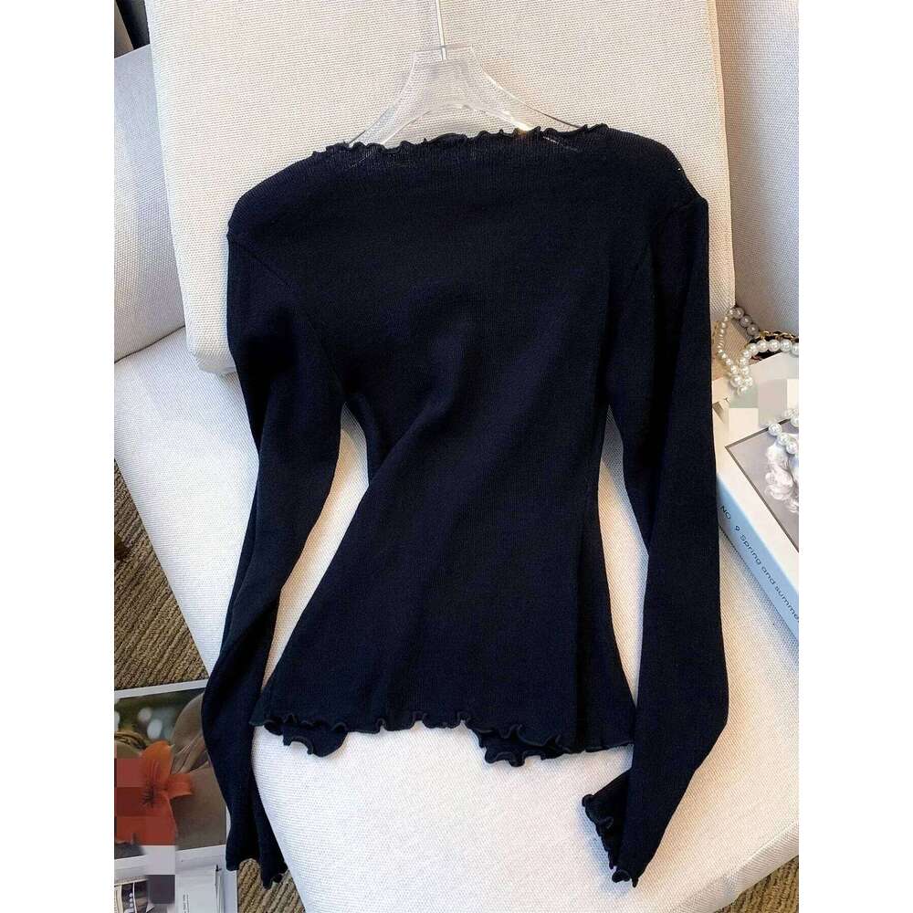 Black/White Solid Lettuce Trim Bowknot Pullover Y2k Casual Long Sleeve Sweater For Spring & Fall Women's Clothing Designer Sweater Women Bear Swe