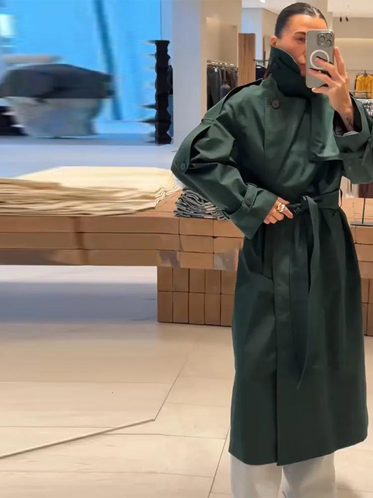 Chic Womens Long Trench Coat Stylish Stand Collar Belted Loose Windbreaker Outerwear Autumn Dark Green Maxi Overcoat Outfit 251029