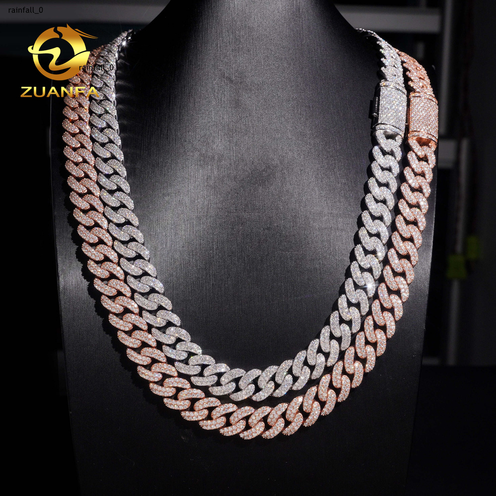 Hip Hop Jewelry 13mm 2 Rows Moissanite Cuban Link Chain 925 Silver Iced Out Moissanite Cuban Chain for Men