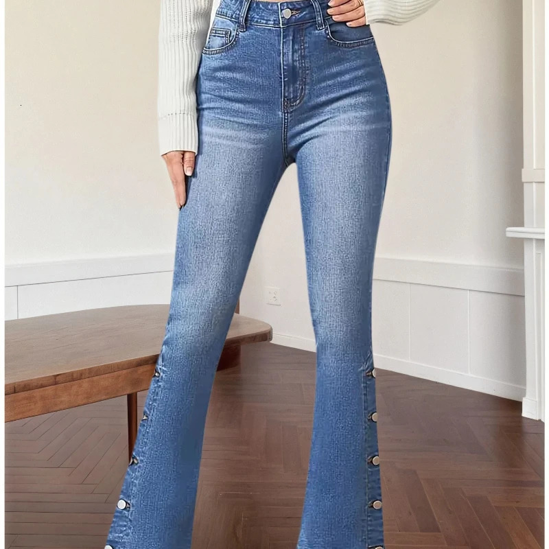 Y2k Jeans For Woman Flared Trousers Vintage Inspired Elegant Look Stretch Fabric Machine Washable Denim Pants Retro Style 251029