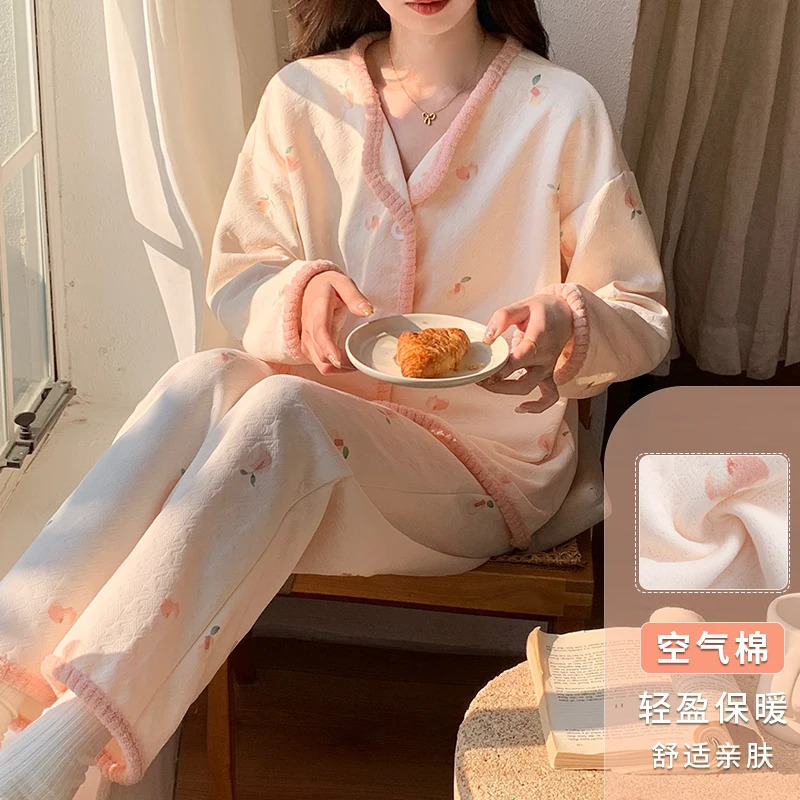 Womens Winter Pajama Set Layered Cotton with Pink PipingFloral Print Lightweight Warmthair Cotton Homewear Thermal Pajamas 251029