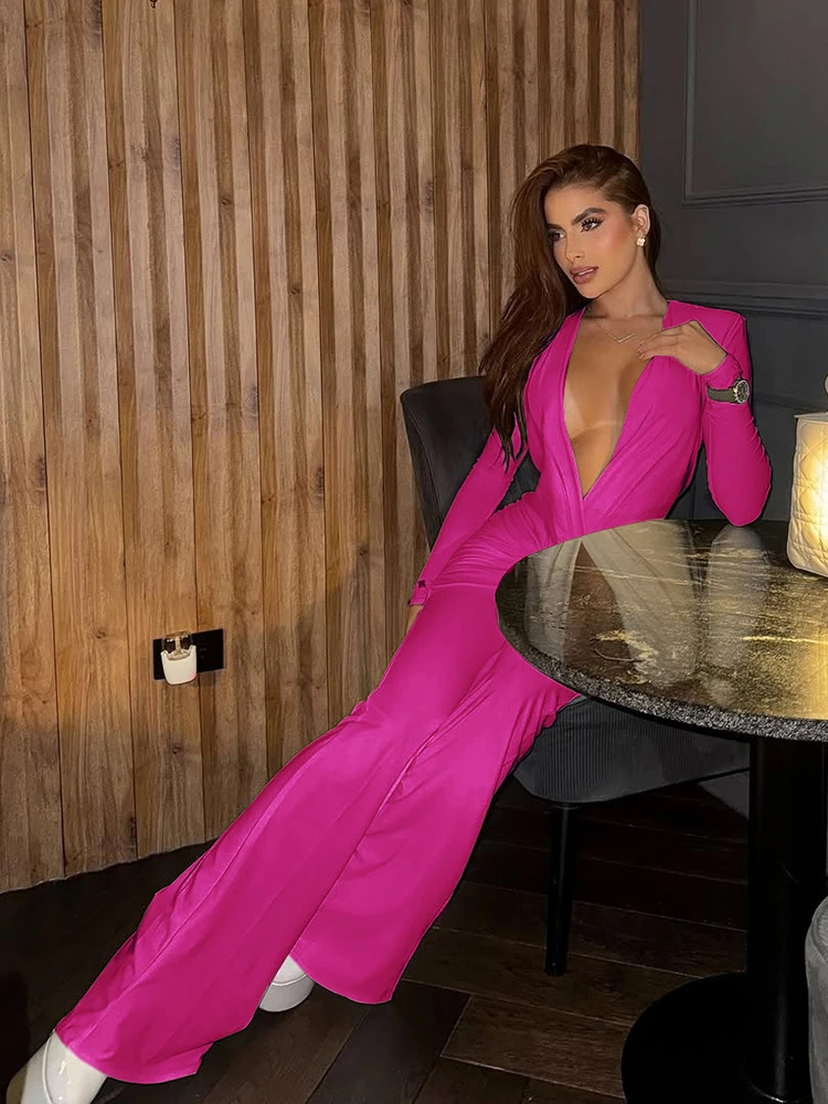 Nibber Smooth Jumpsuit Women Cross vNeck Long Sleeve Folds Skinny Solid Sexy Simple Hipster Elegant Street Classic Chic Outfit 251028