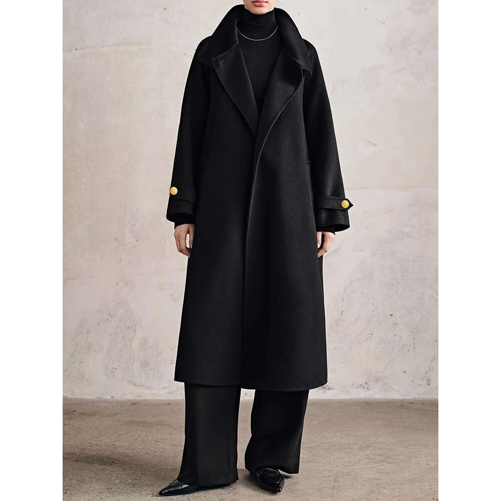 M Women S Elegant Stand Collar Golden Button Midi Coat