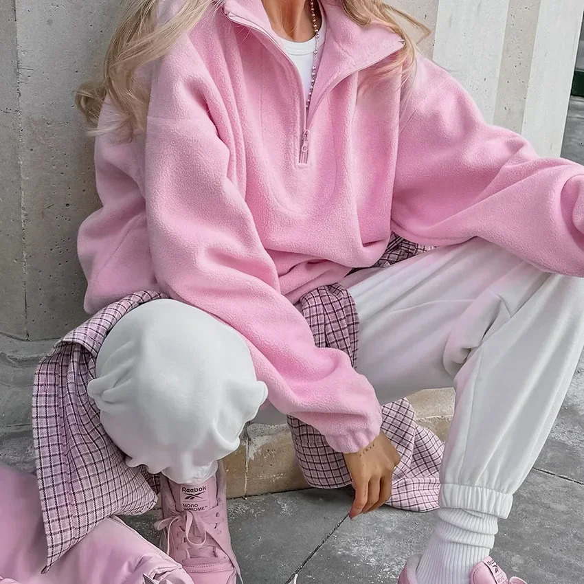 Pink Winter Lamb Fleece Hoodie Women Casual Loose Thick Zipper Long Sleeve Lapel Pullover Top Lady Hoodies Streetwear KPOP 251030