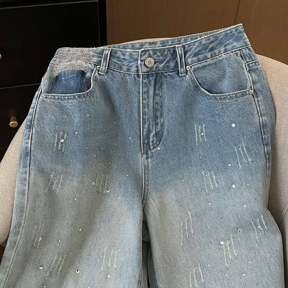 Fashion Women Gradient Blue Diamond Studded Jeans High Waist Straight Leg Denim Pants Spring Autumn Chic Female Trousers 251029