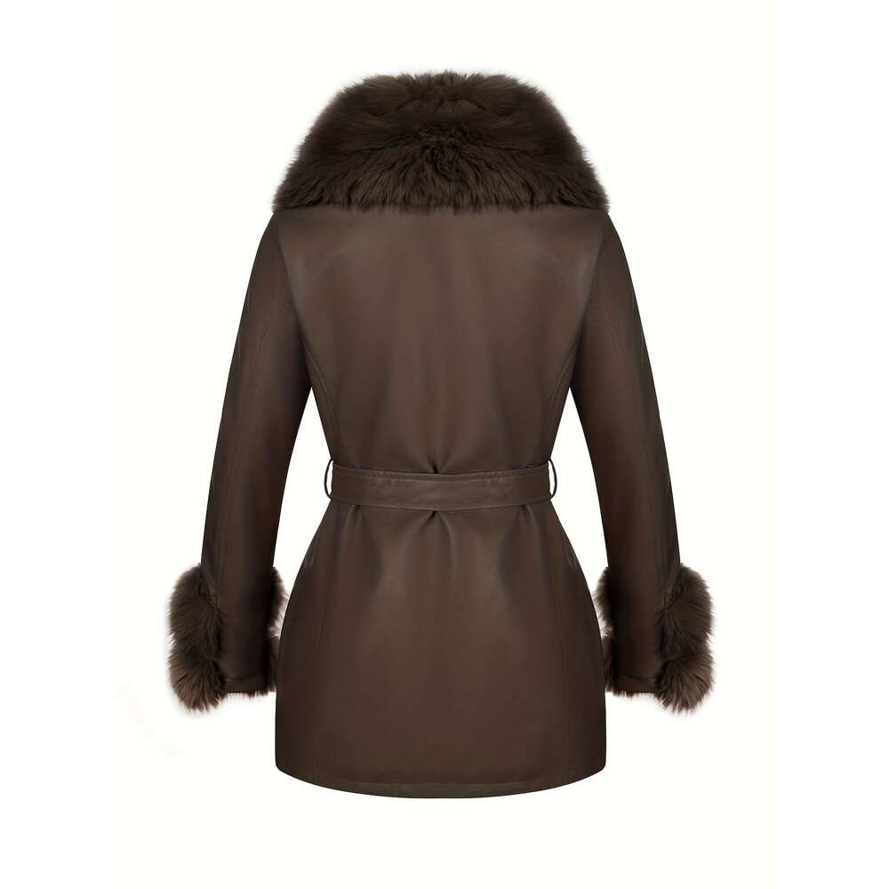 Elegant Jacket Elegant Women S Detachable Faux Fur Collar Belted Jacket Black Coat With Golden Tone Zipper Adjustable Waist Non Stretch Fabric For Fal
