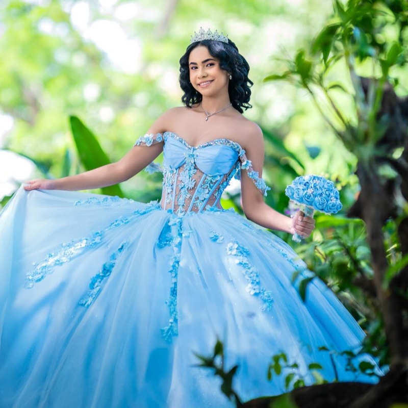 Sky Blue Shiny Quinceanera Dresses Off The Shoulder Applique Flower Beading Crystal Party Birthday Sweet 16 Dress Vestidos 15 Anos
