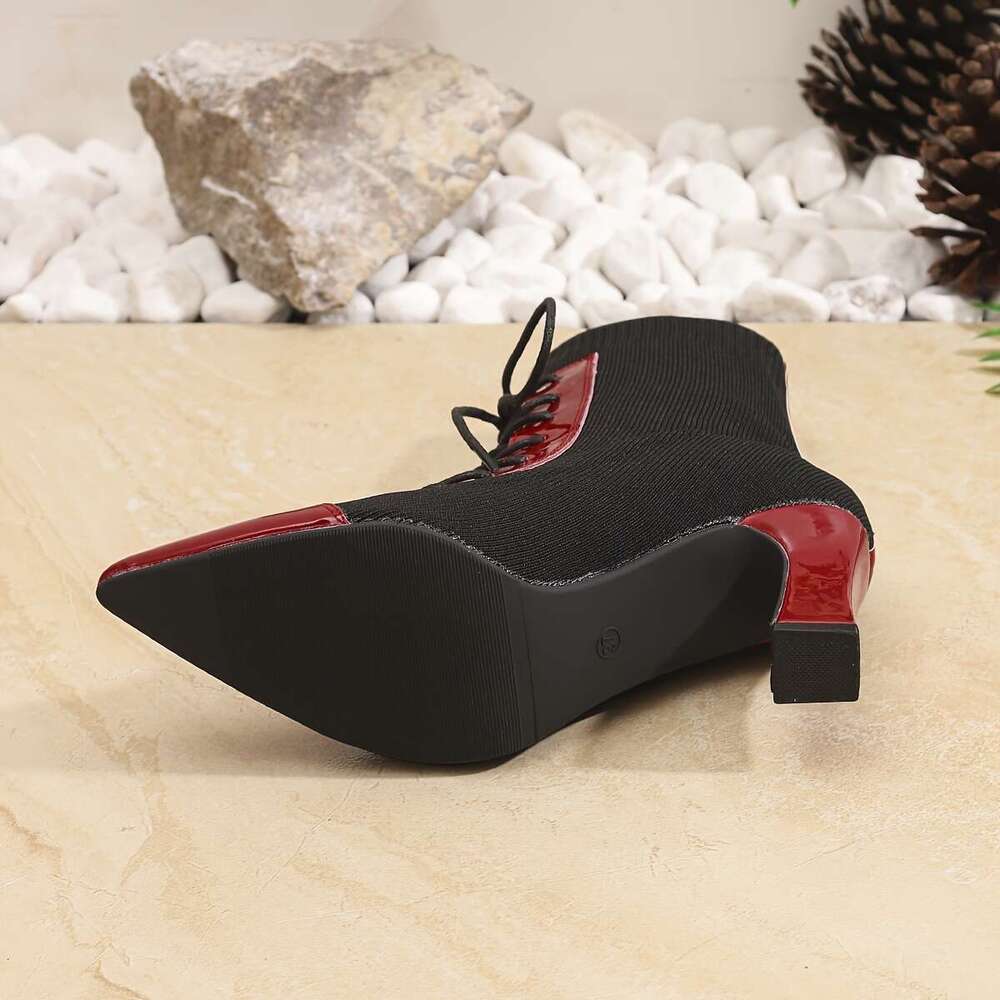 Black And Red Classic Combination Pointed Women's High Short Thick Heels With Adjustable Laces Comfortable Street Shoes Outdoor Boots