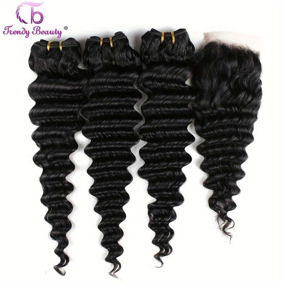Brazilian Virgin Human Closure Unprocessed Hair Deep Wave Bundles With Transparent Lace 4X4 Free Part 4Pcs