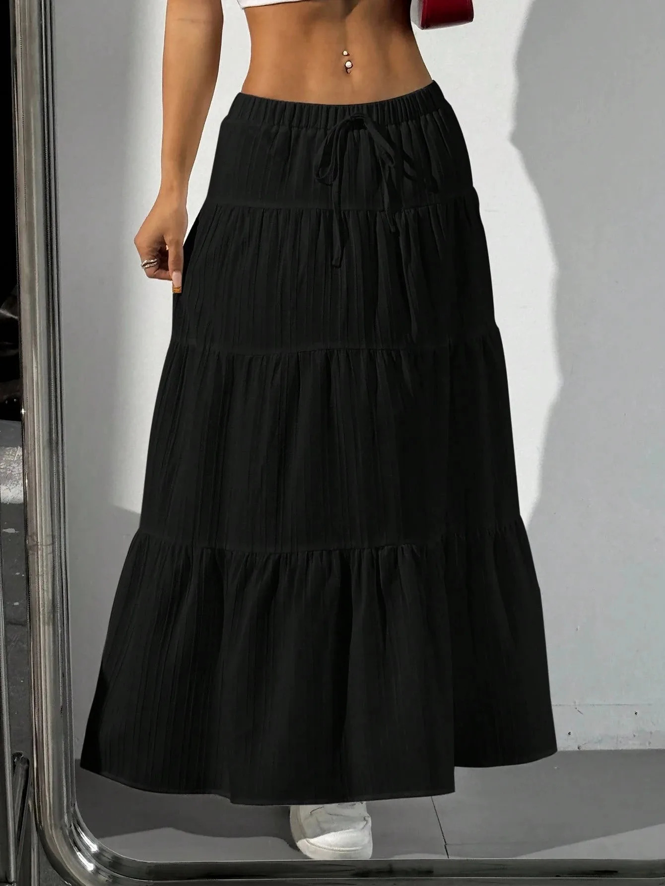 Fashion Women Loose Long Skirts White Solid Basic Lace Up Bow 2025 Spring Summer Cake Dress Casual Sweet Office Lady Clothes 251028