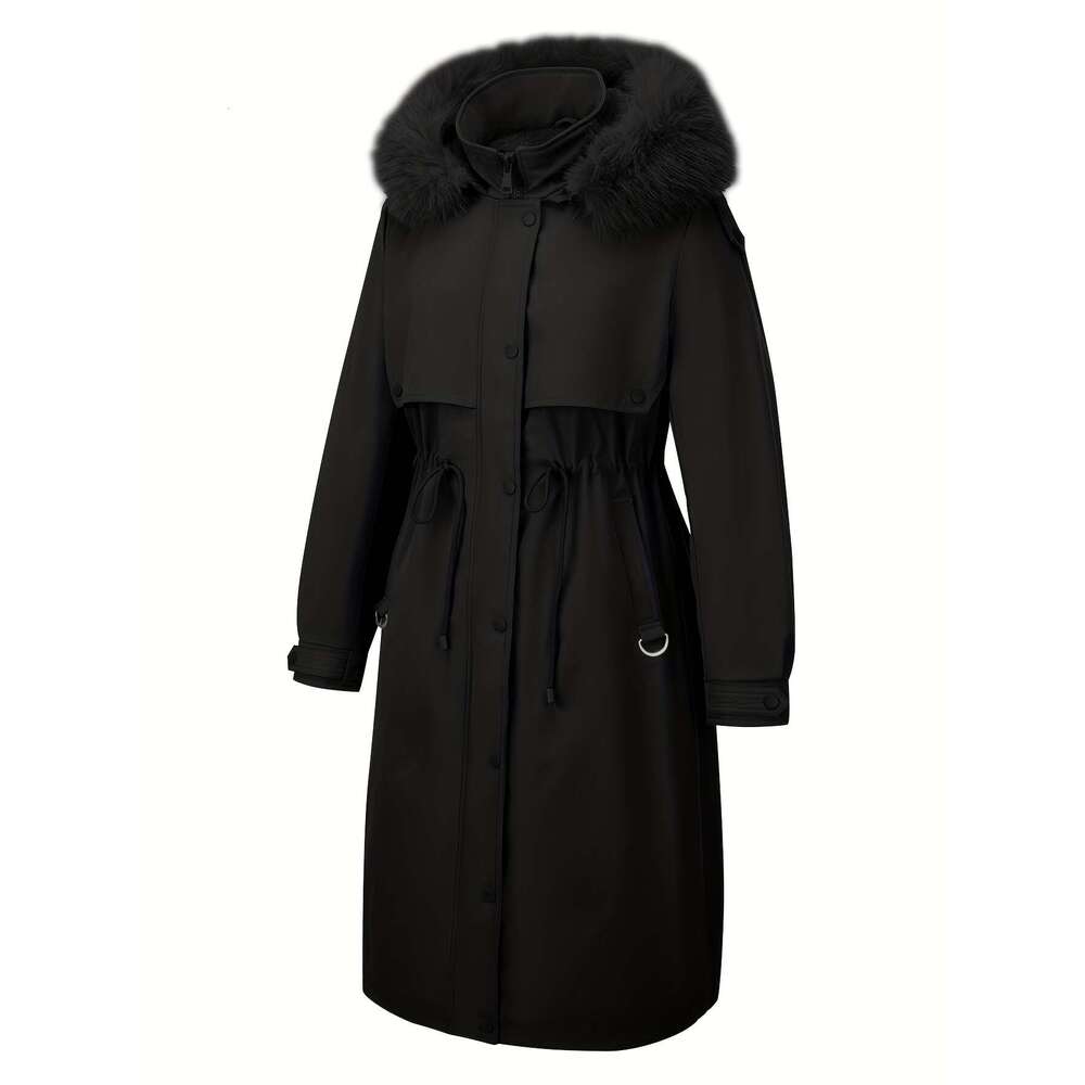 Women S Elegant Coat With Detachable Hood Long Black Jacket Full Zip Front Closure White Faux Fur Hand Dry Clean Non Stretch Outer For Fall Winter Cas