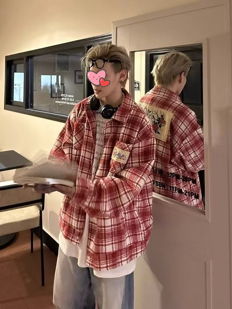 2025 New American High Street Color Block Design Plaid Long Sleeve Shirt Autumn Designer Coat Unisex Loose Trendy Jacket