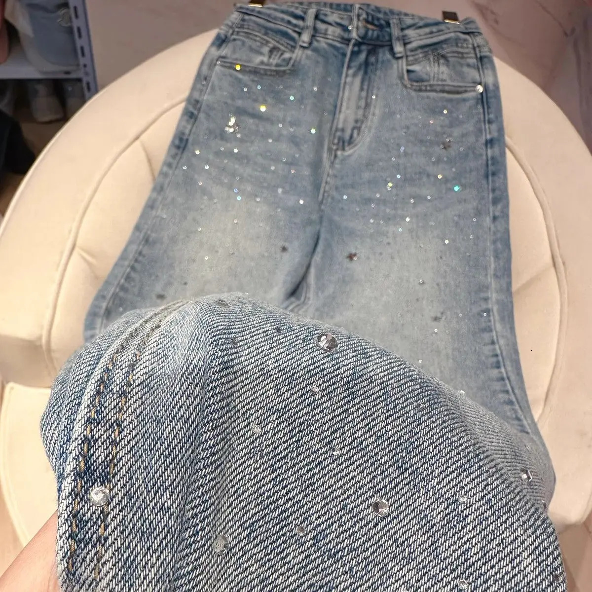 Spring Narrow Straight Jeans Womens Slimming Fashionable AllMatch Rhinestone women jeans pants 251029