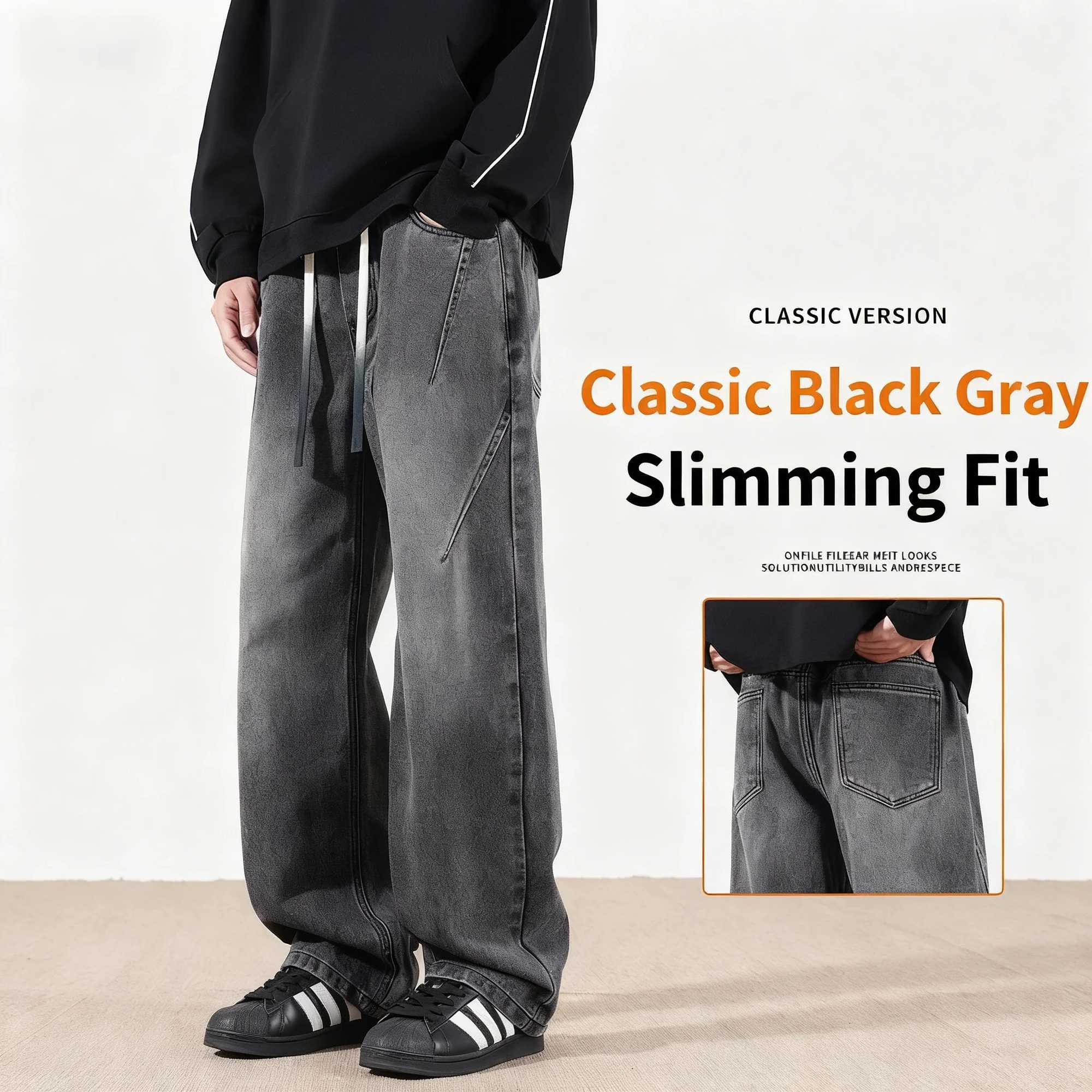 Jeans mens 2025 autumn new style American high street mens washed and worn drawstring trend straight leg denim pants J251030