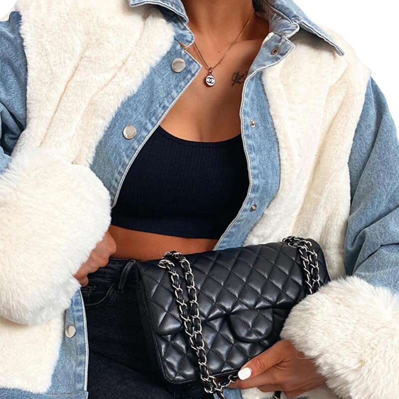 Women's European American Cross-Border Casual Plush Denim Splicing Warm Autumn And Winter Jacket Su2289