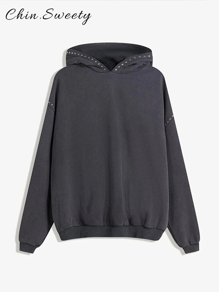 Chic Womens Rivets Hooded Sweatshirt Loose Solid Vneck Full Sleeve Pullovers Female 2025 Autumn Winter Lady Allmatch Outwear 251030