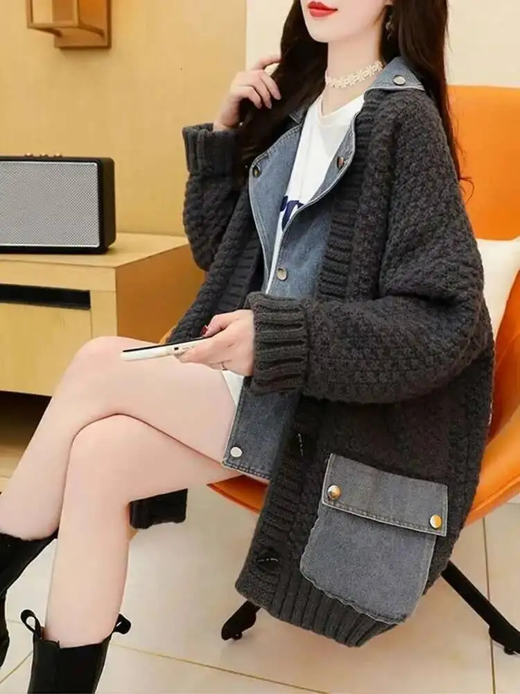 LANMREM Denim Patchwork Knitted Sweaters Women Single Breasted Loose Irregular Cardigan Female Clothing Autumn Winter 2DA9204 251029