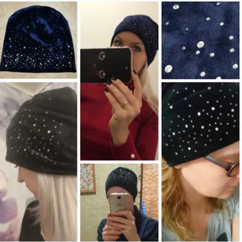 YLWHJJ brand Fashion Ladies Shiny Rhinestone Beanie Autumn Winter Female Casual Hat Women Velvet Fabric Soft Cap Skullies BonnetXJ251030