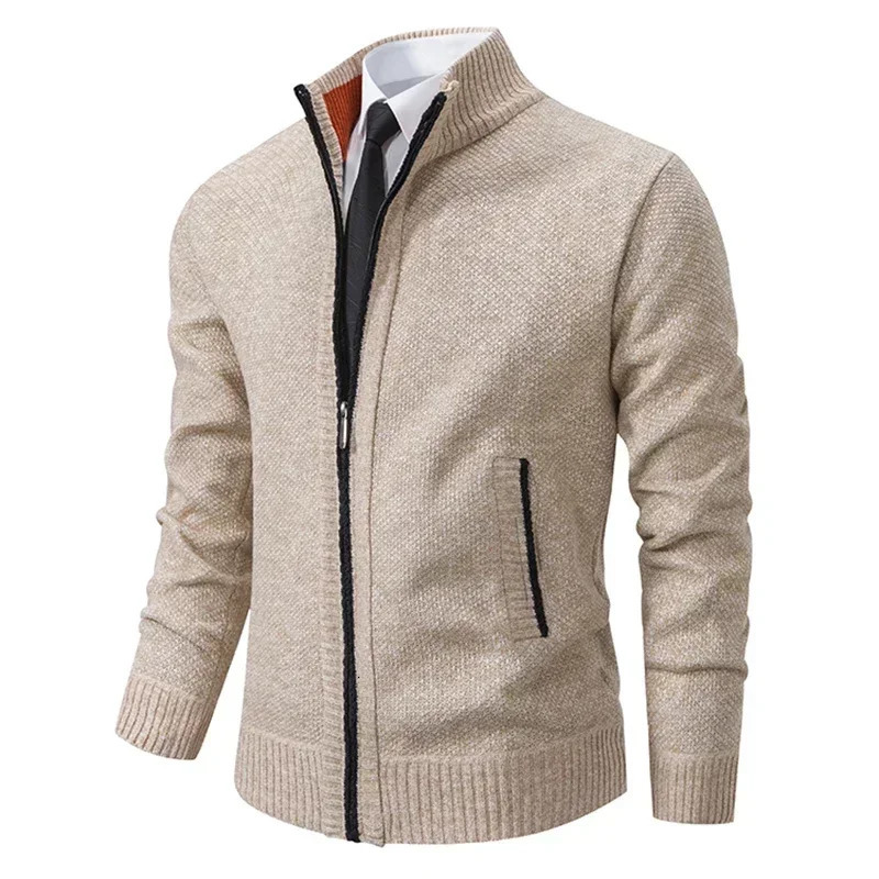 2025 Autumn and Winter Mens Casual Sports Coat Solid Color Stand Collar Sweater Grab Fleece Warm Zipper Cardigan 251029
