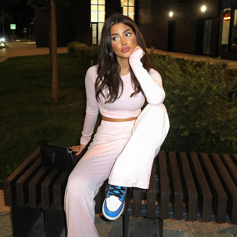 Basic Wide Leg Pants Leisure Suit Women Spring Solid Long Sleeve Top Casual Loose Trousers 2 Piece Set tie Streetwear 251029