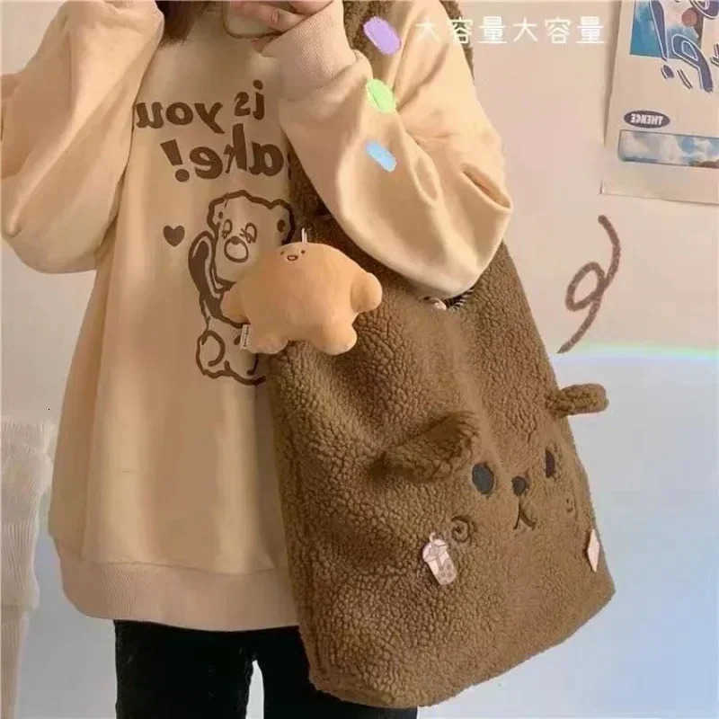 New Winter Soft Plush Tote Bag Women Cartoon Embroidery Imitation Lamb Hair Shoulder Bag for Women Shopper Bag Bolsa No Pendant M251030