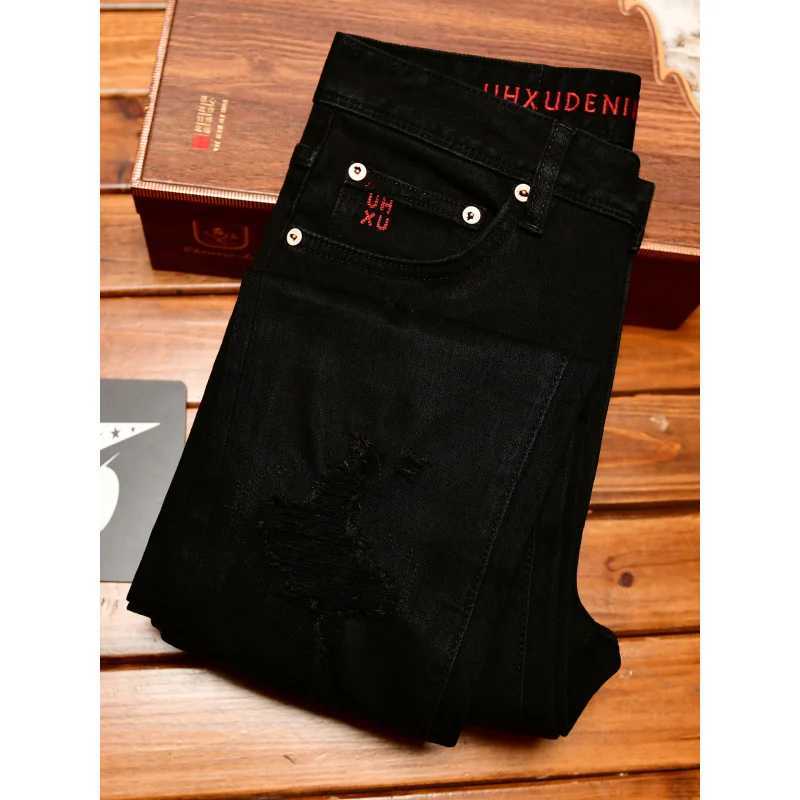 Black ripped jeans mens fashionable street trend American handsome retro nostalgic slim fit small leg denim pants J251030