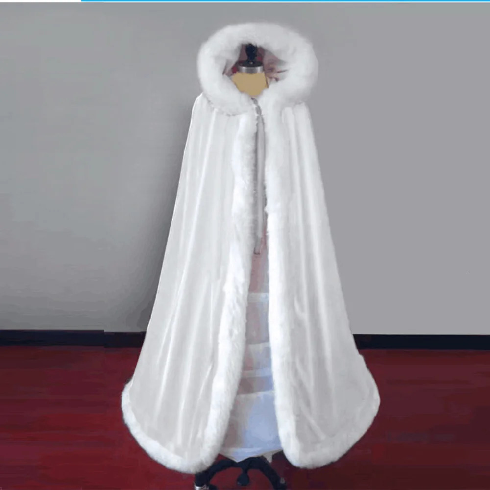 Plus Fleece Wedding Bridal Cape Velvet Warm Long Winter Poncho Womens Fur Trim Wedding Cloak White Red Black Wraps Hood Cape 251029